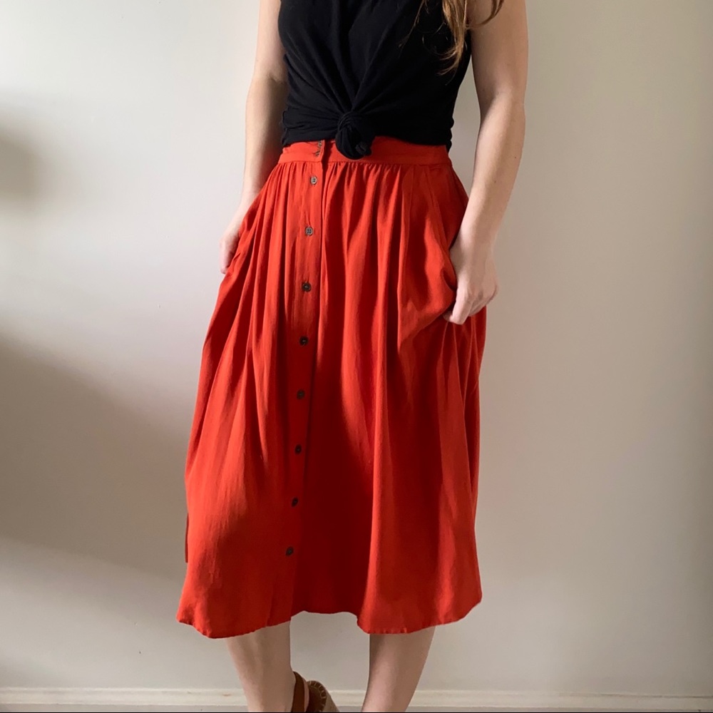 Button Up Orange/Red Midi Skirt
